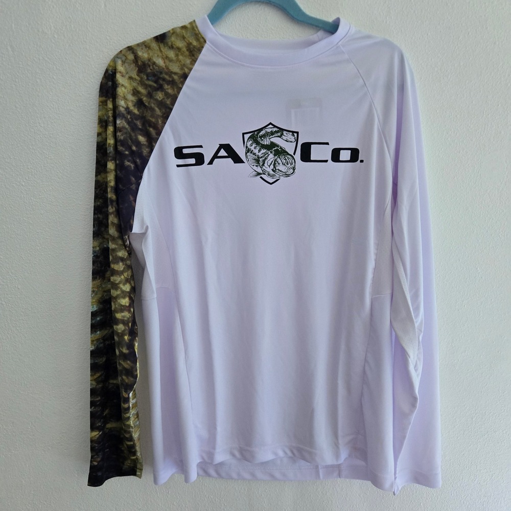 SA Company Mens Fishing Shirt White Performance Fish Scale Camo Long Sleeve NWT